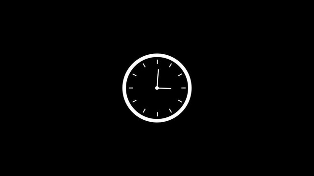 Minimalist white analog clock face spinning rapidly on a solid black background, representing the concept, of passing time, deadline urgency, efficiency, and chronological progression, for business