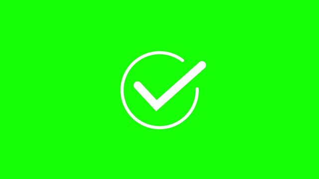 Animated white checkmark inside a circle on a bright chroma key green screen background, for easy compositing, and motion projects, requiring success and, approval visual