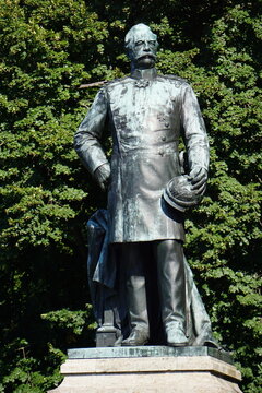 Vertical frontal close up of the Roon memorial in Tiergarten park, Berlin, Germany, with its heroic statue of the Prussian minister of war Albrecht von Roon