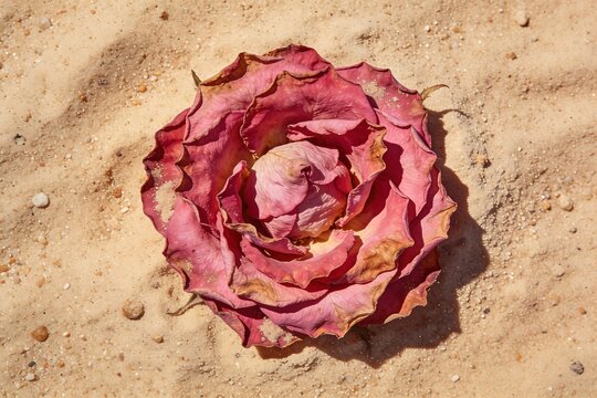 A pressed dusty pink rose with layered dried petals rests on fine beige sand photographed directly from above