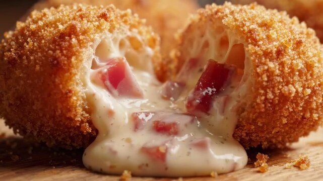 Spanish croquette split open to reveal creamy b&eacute;chamel filling with diced ham and pepper, showcasing a crisp breadcrumb crust and melting interior