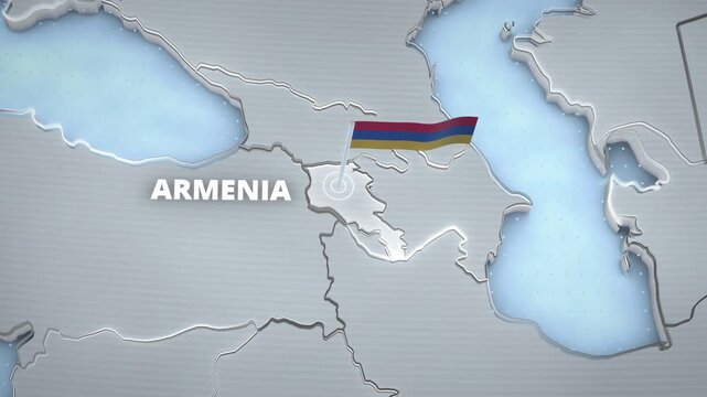 3D map animation highlighting Armenia, Caucasus region with a national flag and text overlay for a travel and presentation-style graphic template.
