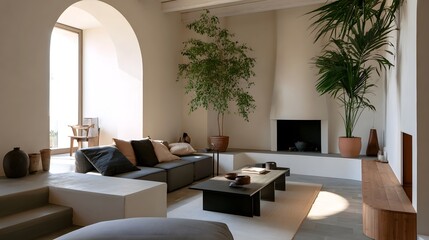 Fototapeta premium A minimalist living room features curved plaster walls large potted plants and natural light through an arched window