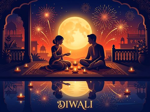 Romantic couple celebrating diwali under a glowing full moon at night