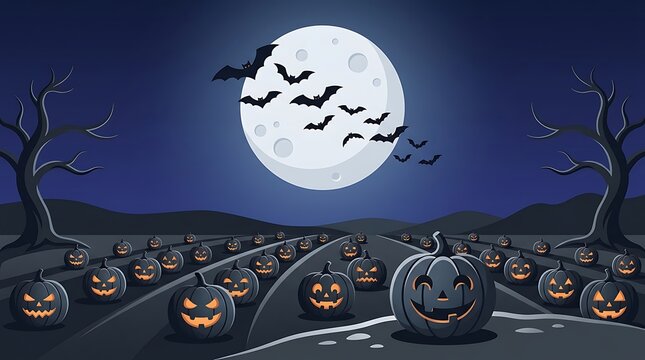 Halloween night background with jack o lanterns and full moon