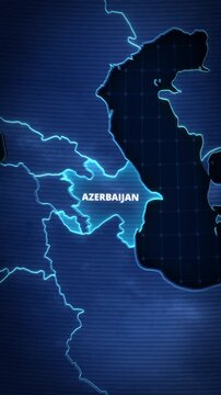 Map animation of Azerbaijan, Caucasus region with a glowing territory highlight and digital grid.
