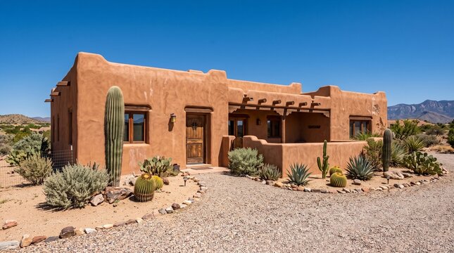 Southwestern adobe house with desert landscaping and saguaro cactus under a clear blue sky
