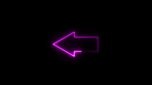 Neon pink glowing arrow sign pointing left isolated on black background, animated digital pointer for ui navigation modern cyberpunk style light effect for creative projects