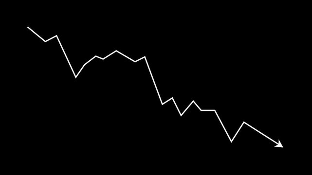 Minimalist white line graph showing financial market downtrend and economic recession analysis with sharp arrow pointing downwards on a solid black background, for business presentations