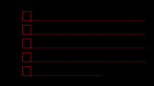 Minimalist red checkbox to-do list animation featuring smooth hand-drawn checkmarks appearing sequentially on a clean black background, for project management, and task tracking
