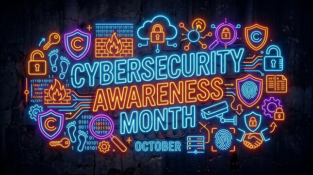Cybersecurity awareness month neon illustration with digital security icons
