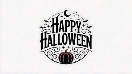Obraz premium Happy halloween circular emblem with a central jack-o-lantern pumpkin, crescent moon, stars, and swirling flourishes on white background