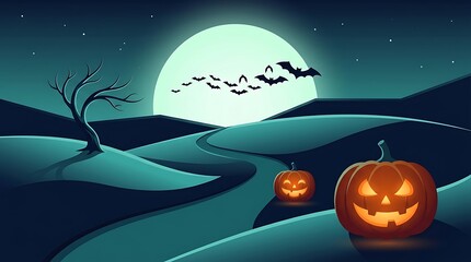 Fototapeta premium Halloween background with spooky pumpkins full moon flying bats