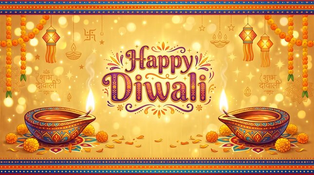 Festive happy diwali celebration with traditional lamps and golden decorations