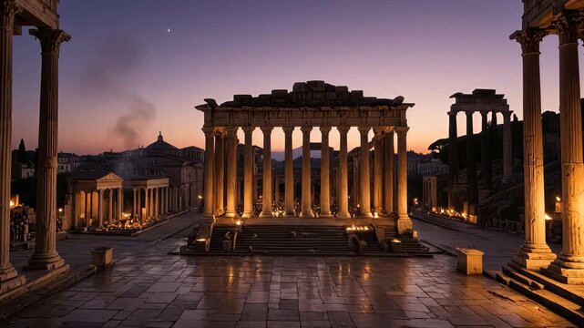 Ancient Roman Diplomats Debating Under Oil Lamp at Dusk