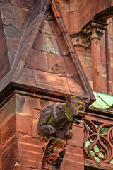 Fototapeta premium Close-up view of a grotesque gargoyle on Strasbourg Cathedral, surrounded by Gothic stone sculptures, carved columns and architectural ornamentation in Strasbourg, France.