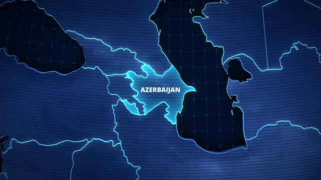 Map animation of Azerbaijan, Caucasus region with a glowing territory highlight and digital grid.
