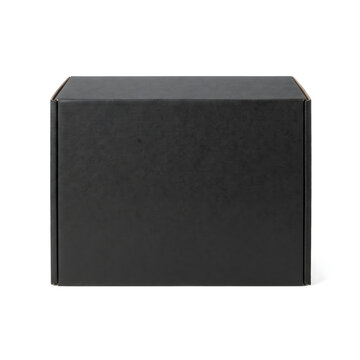 Elegant blank black cardboard box isolated on white background, product packaging mock-up for delivery and storage