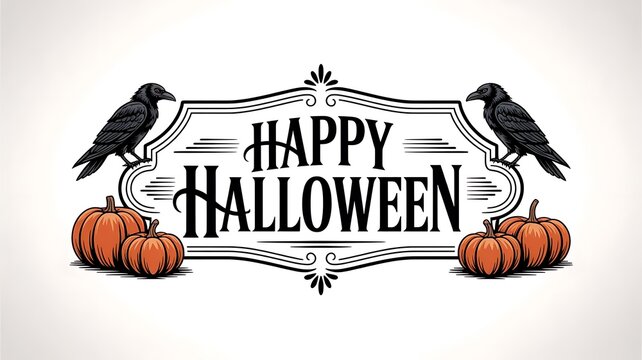 Happy halloween frame with two black ravens perched on sides and four carved orange jack-o-lantern pumpkins at the bottom corners