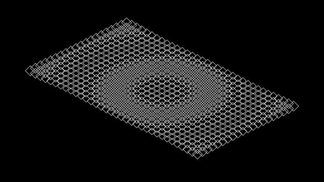 Abstract grid of rotating white diamonds creating wave patterns on black background.