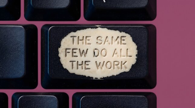 A worn keyboard key bearing the phrase 'the same few do all the work', symbolizing workplace burnout and unequal labor distribution in modern corporate teams.