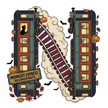 Letter n halloween midnight express train tracks spooky theme graphic design