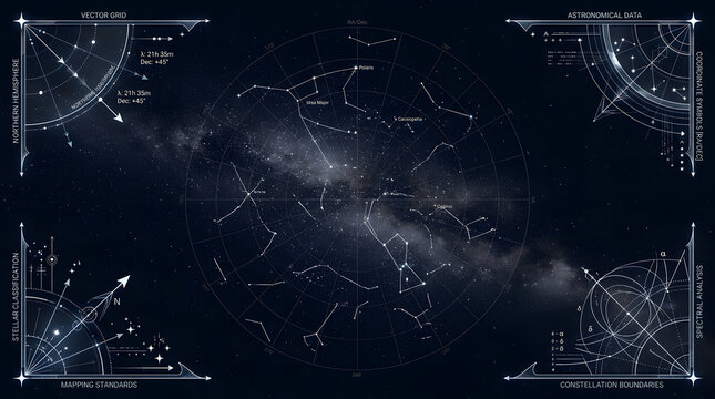 Digital constellation map with star charts and celestial navigation grid overlay