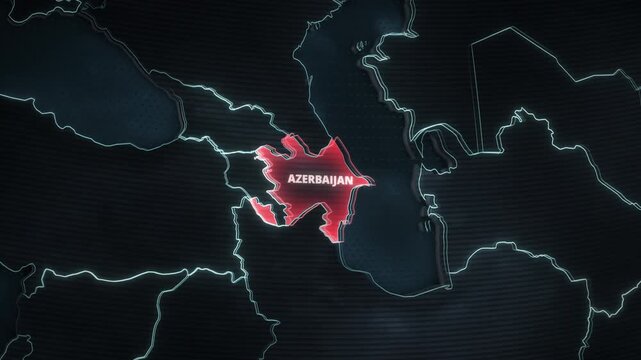 Stylized map animation of Azerbaijan, Caucasus region featuring a red alert highlight and glowing borders, ideal for a news-style and presentation graphic template.

