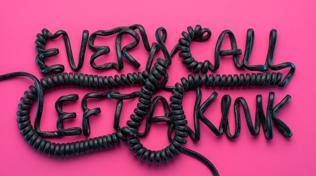 Black telephone cords form words on pink, symbolizing emotional baggage and communication strain from past calls.