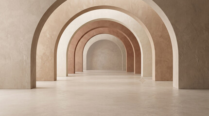 Fototapeta premium Empty corridor with beige stone arches and perspective view of modern architectural hall