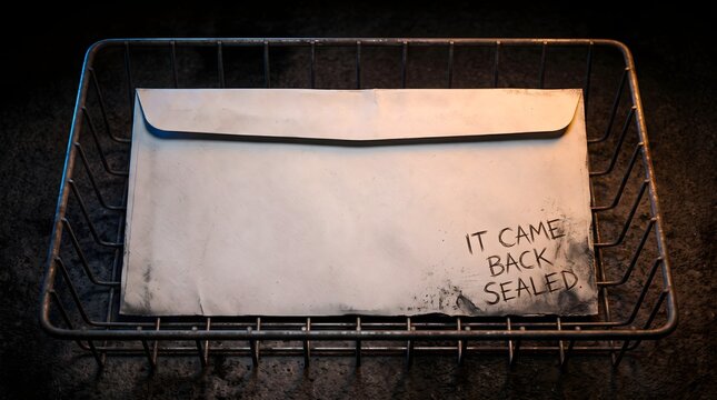 A weathered envelope bearing the words IT CAME BACK SEALED rests in a metal basket, symbolizing silent rejection, unresolved mysteries, and unspoken truths.