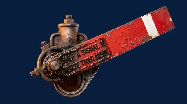 A weathered vintage railway semaphore signal reading 'Half a signal is worse than none', symbolizing the danger of partial truths and incomplete communication.