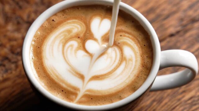 Barista pours steamed milk into espresso, creating evolving heart latte art in a ceramic cup on a wooden table. Spanish cafe beverage preparation.