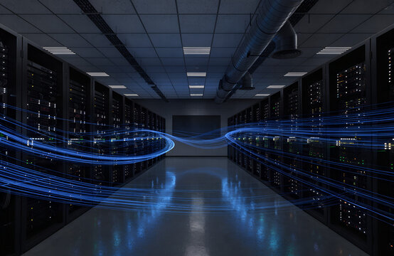 Dark Data Center Server Room with Glowing Blue Light Waves