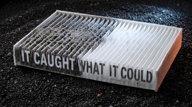 A half-clogged air filter reading IT CAUGHT WHAT IT COULD sits on dark gravel, symbolizing human effort against overwhelming environmental pollution and relentless particulate decay.