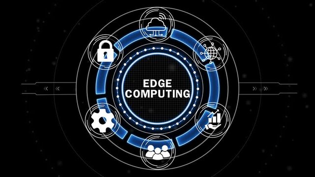 EDGE COMPUTING Technology Concept with Futuristic HUD Interface, Distributed Data Processing, IoT Connectivity, Cloud Computing and Smart Network.