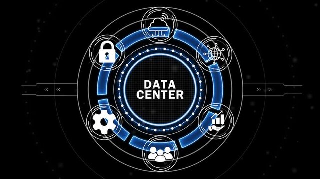 DATA CENTER Technology Concept with Futuristic HUD Interface, Cloud Computing, Server Infrastructure, Data Storage and Secure Digital Network.