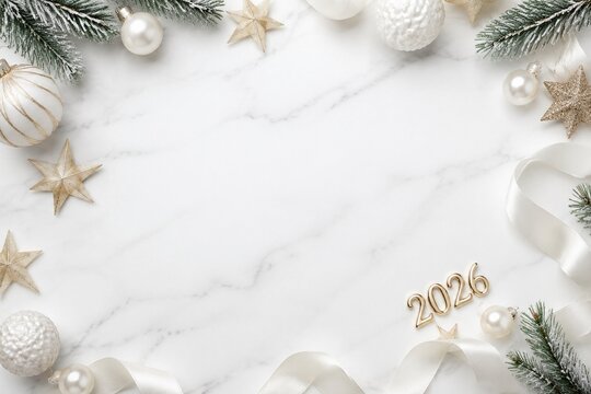 White and Gold Christmas 2026 Flat Lay with Marble Copy Space