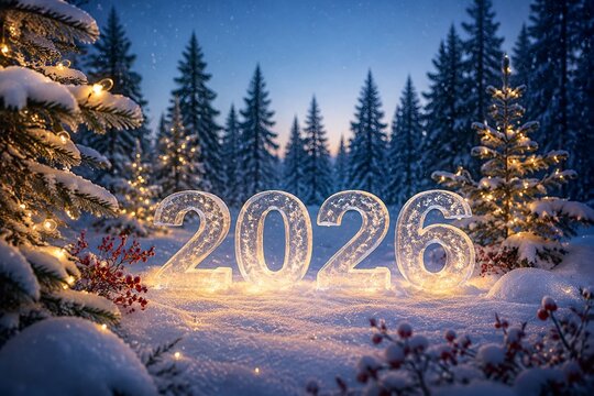 Illuminated 2026 Numbers in Snowy Christmas Forest at Blue Hour
