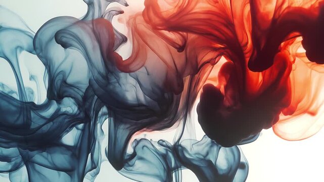 Epic 4k animation of two opposites meeting. Fiery orange and ash-blue smoke intertwine in a slow vortex against a light background. A stylish, conceptual background
