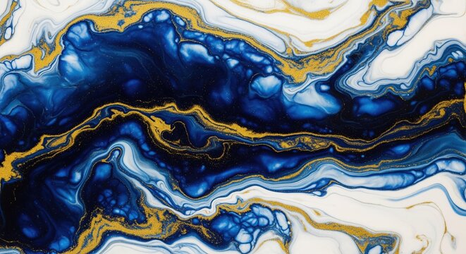 Abstract fluid art with deep blue and cream swirls, golden accents, and luxurious marbled effect. Perfect for modern decor, wallpaper, or upscale branding applications.