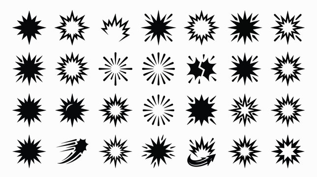 Set of black comic book explosion shapes and star burst vector icons for graphic design and cartoon sound effects