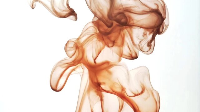 Brown ink resembling smoke slowly swirls on a white background. Abstract, smooth 4K animation. Ideal for beverage advertising and as a background for titles. The concept of warmth, comfort, and luxury