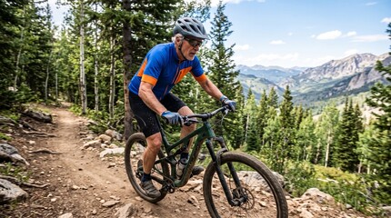 Fototapeta premium Senior man mountain biking down a forest trail in the mountains