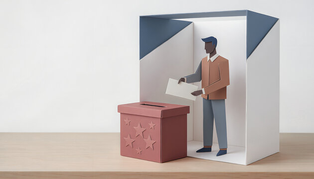African American Voter Casting Ballot in Minimalist Paper Art Polling Booth