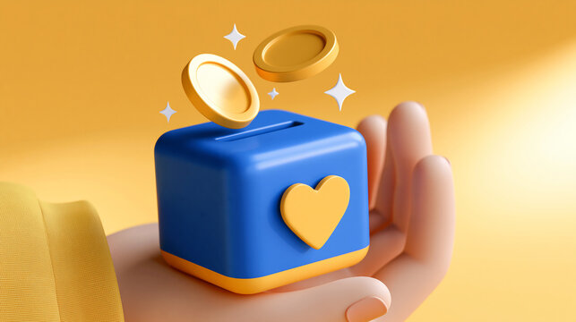 3d render of a hand holding a charity box and coins on a bright background, face out of frame, donation concept, mobile and web applications, giving, technology, bright, with copy