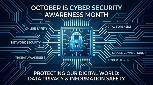 October Cyber Security Awareness Month concept with a digital circuit board background and a glowing padlock icon design
