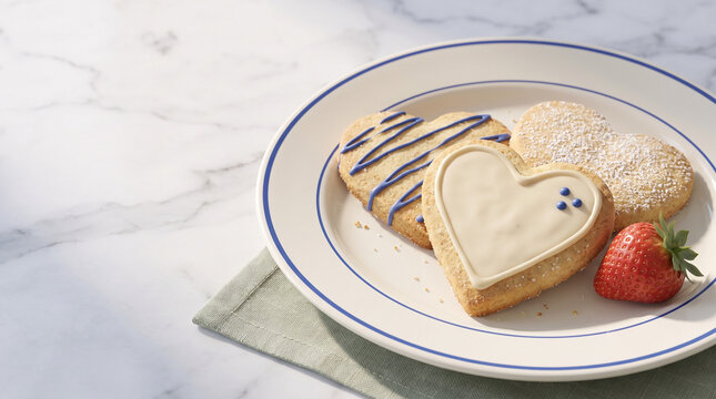 Iced heart-shaped cookies with strawberry on a white plate  