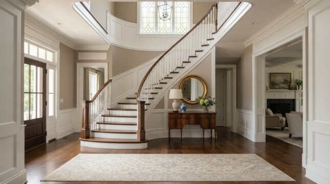 Elegant grand staircase foyer with dark wood floors and ornate details