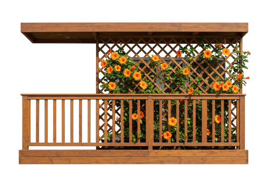 Modern deck with wooden lattice railing and green foliage backdrop.